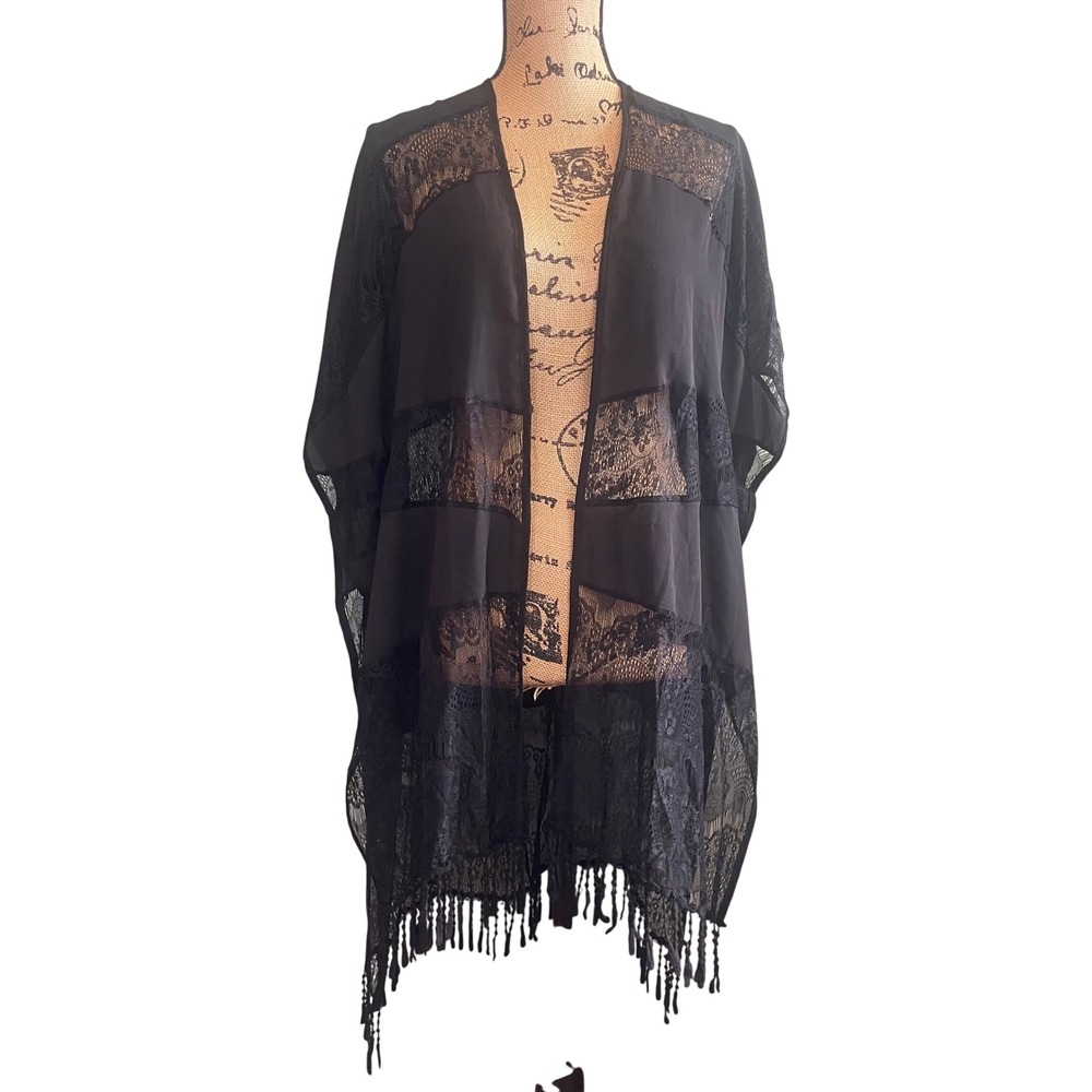 Bohemian Witchy‎ Lace Dark Romantic Fairy Whimsigoth Fringe Cardigan Black Small